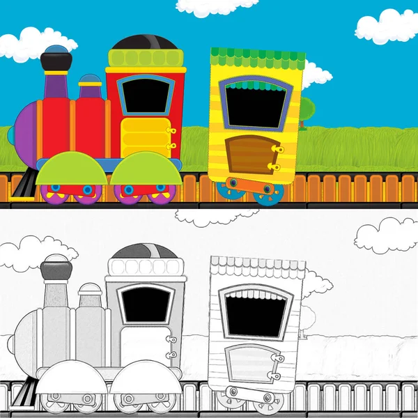 Rajzfilm Vicces Néz Gőz Vonat Megy Réten Illusztráció Gyerekeknek — Stock Fotó