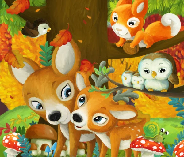Kreskówka Scena Różnych Zwierząt Leśnych Przyjaciół Zabawy Lesie Ilustracja — Zdjęcie stockowe