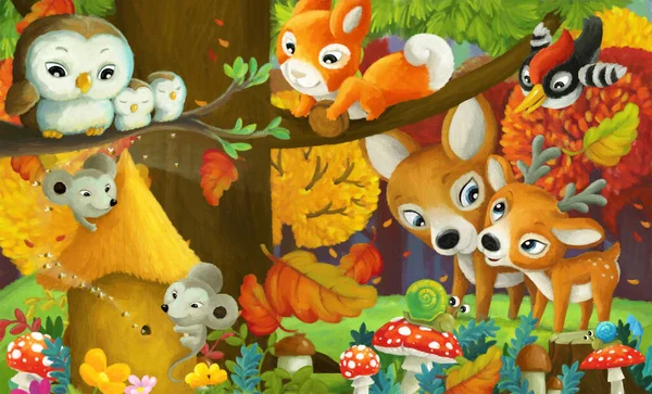 Kreslené Scény Různými Lesních Zvířat Přátelé Baví Lese Ilustrace — Stock fotografie