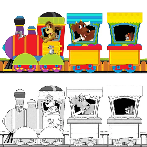 Tren Vapor Dibujos Animados Vías Con Animales Granja Espacio Fondo — Foto de Stock