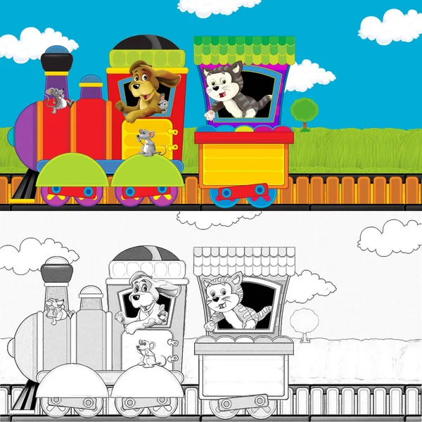 Cartoon Steam Train Tracks Farm Animals White Background Space Text — Stock Photo, Image