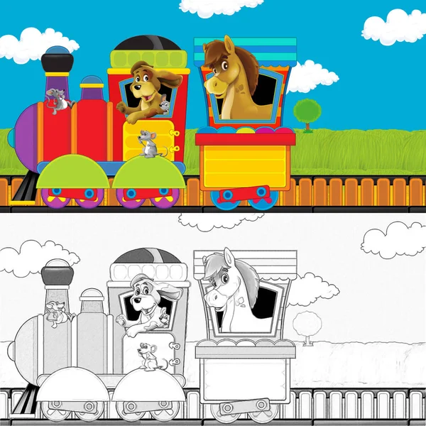 Cartoon Dampfzug Auf Gleisen Mit Nutztieren Auf Weißem Hintergrund Raum — Stockfoto