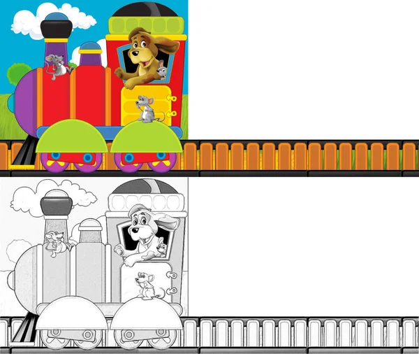 テキストのための白い背景空間上の農場動物とトラック上の漫画蒸気機関車 子供のためのイラスト — ストック写真