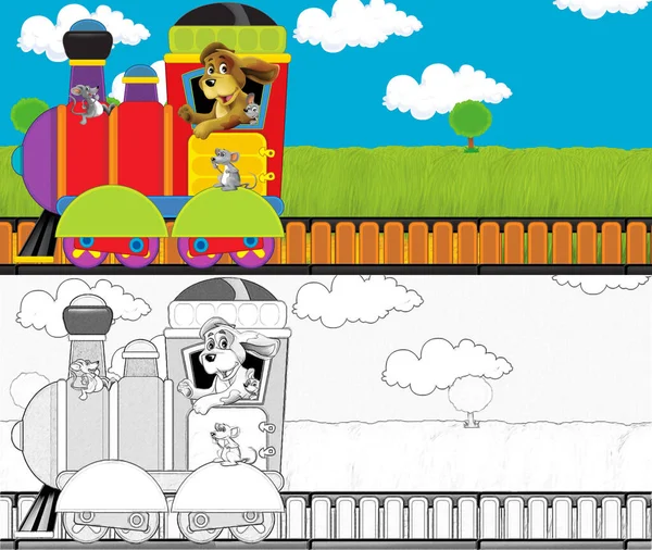 Çizgi Film Komik Görünümlü Buhar Treni Çayırdan Geçiyor Çocuklar Için — Stok fotoğraf