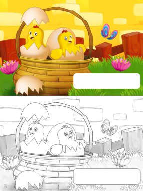 Çizgi film çiftliği sahnesinde ayakta duran horoz ve kareli tavuk çiftliği kuşları - çocuklar için illüstrasyon