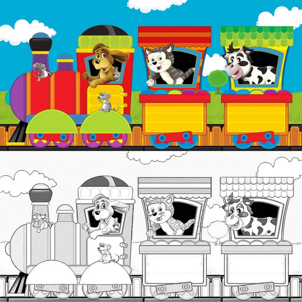Kreskówkowy Pociąg Parowy Torach Zwierzętami Gospodarskimi Białym Tle Przestrzeń Tekst — Zdjęcie stockowe