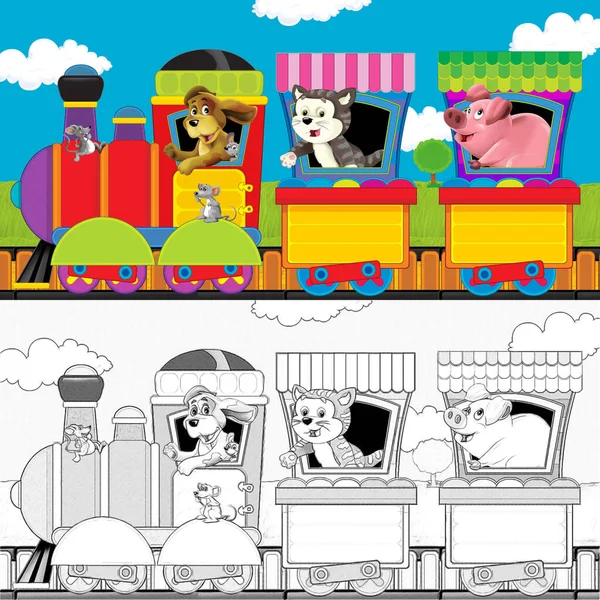 Cartoon Steam Train Tracks Farm Animals White Background Space Text — Stock Photo, Image