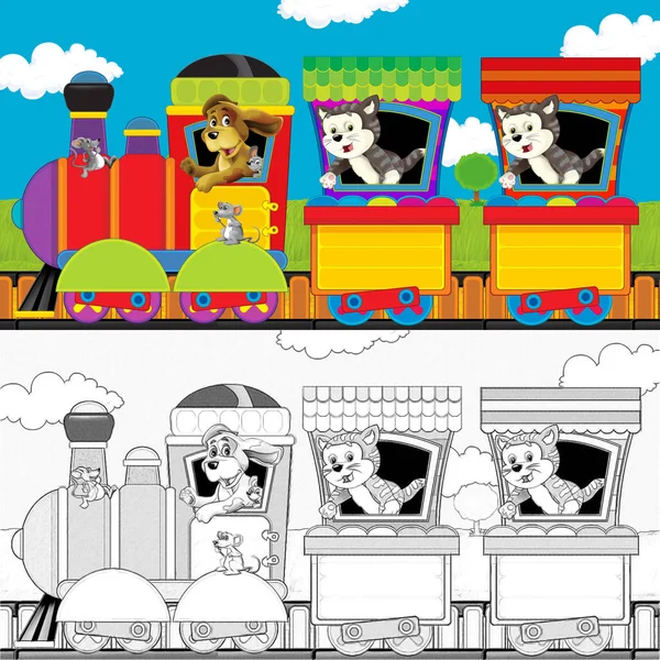 Beyaz Arka Planda Çiftlik Hayvanlarıyla Raylarda Buhar Treni Çizim Yapan — Stok fotoğraf