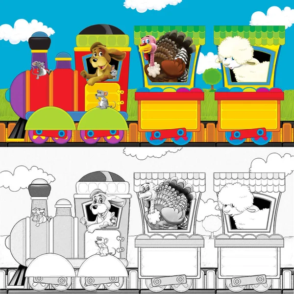 Kreskówkowy Pociąg Parowy Torach Zwierzętami Gospodarskimi Białym Tle Przestrzeń Tekst — Zdjęcie stockowe