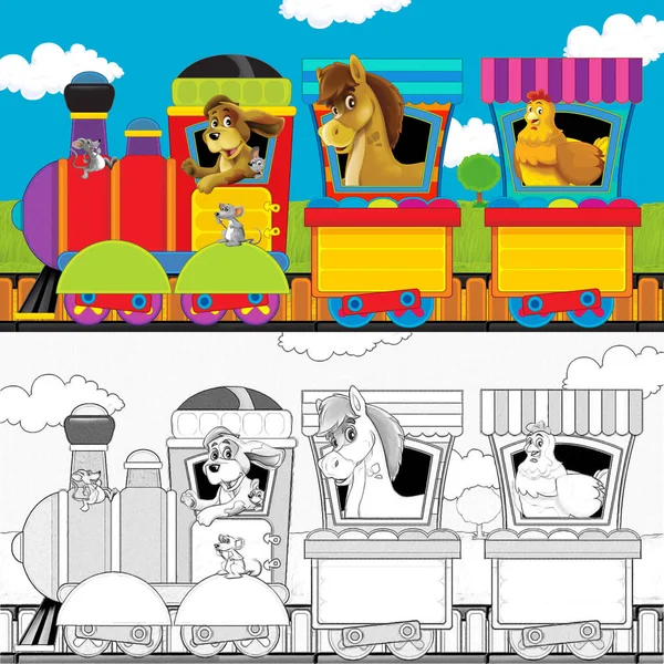 卡通蒸汽火车在轨道上与农场动物在白色背景空间的文字 图解儿童与草图 — 图库照片