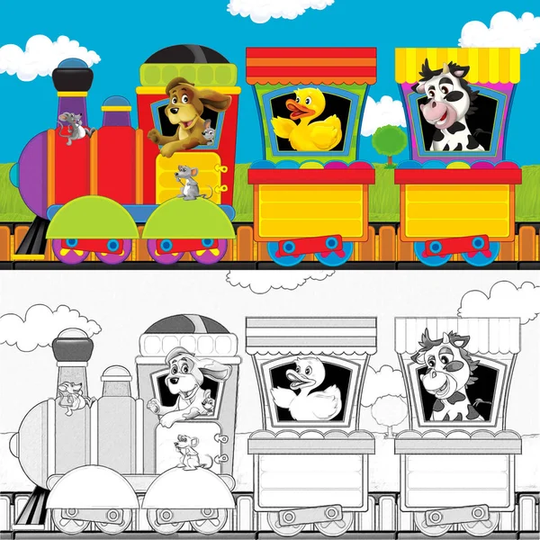 Kreslený Parní Vlak Kolejích Farmářskými Zvířaty Bílém Pozadí Prostor Pro — Stock fotografie