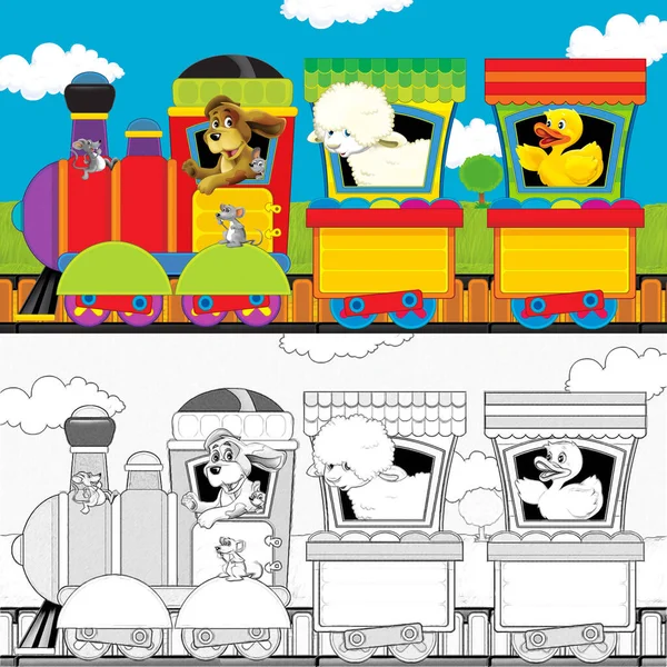 テキストのための白い背景空間上の農場動物とトラック上の漫画蒸気機関車 スケッチと子供のためのイラスト — ストック写真