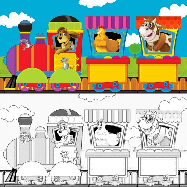 Beyaz Arka Planda Çiftlik Hayvanlarıyla Raylarda Buhar Treni Çizim Yapan — Stok fotoğraf