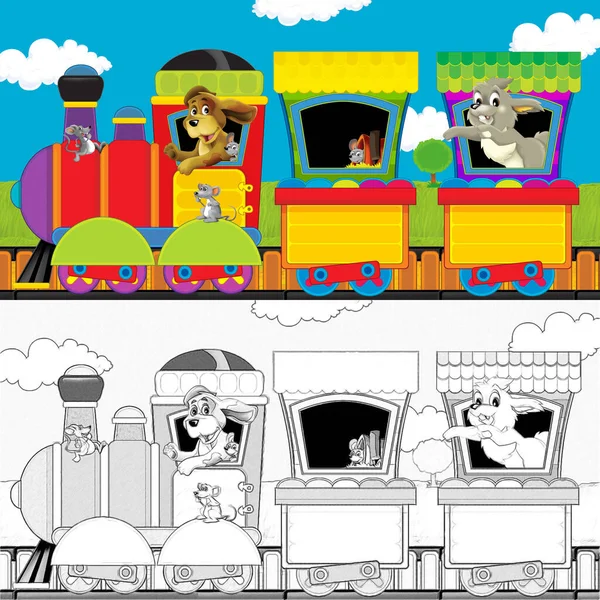 Trem Vapor Desenhos Animados Trilhas Com Animais Fazenda Espaço Fundo — Fotografia de Stock