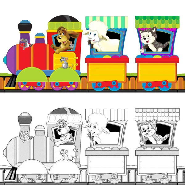 Tren Vapor Dibujos Animados Pistas Con Animales Granja Espacio Fondo — Foto de Stock