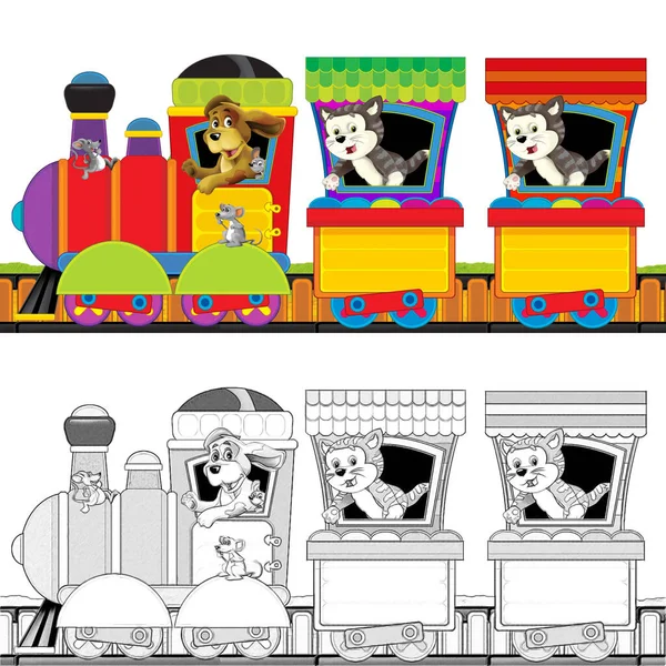 Tren Vapor Dibujos Animados Pistas Con Animales Granja Espacio Fondo —  Fotos de Stock