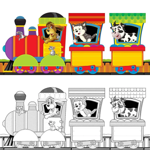 Tren Vapor Dibujos Animados Pistas Con Animales Granja Espacio Fondo —  Fotos de Stock