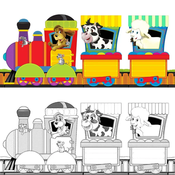 Trem Vapor Desenhos Animados Trilhas Com Animais Fazenda Espaço Fundo — Fotografia de Stock