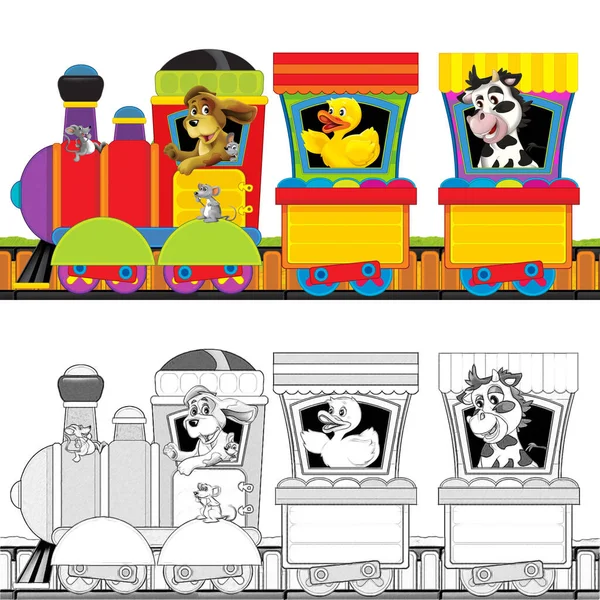 Cartone Animato Treno Vapore Binari Con Animali Fattoria Sfondo Bianco — Foto Stock
