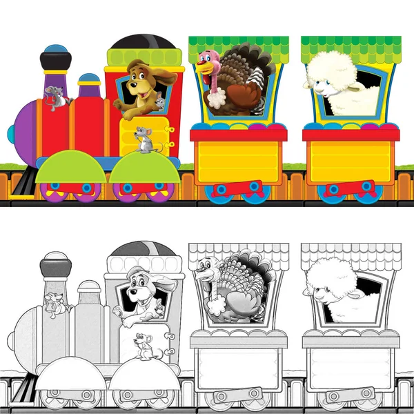Kreslený Parní Vlak Kolejích Farmářskými Zvířaty Bílém Pozadí Prostor Pro — Stock fotografie