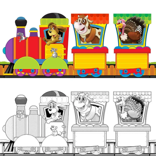 卡通蒸汽火车在轨道上与农场动物在白色背景空间的文字 图解儿童与草图 — 图库照片