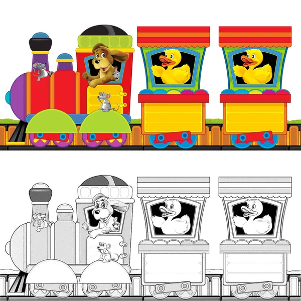 テキストのための白い背景空間上の農場動物とトラック上の漫画蒸気機関車 スケッチと子供のためのイラスト — ストック写真