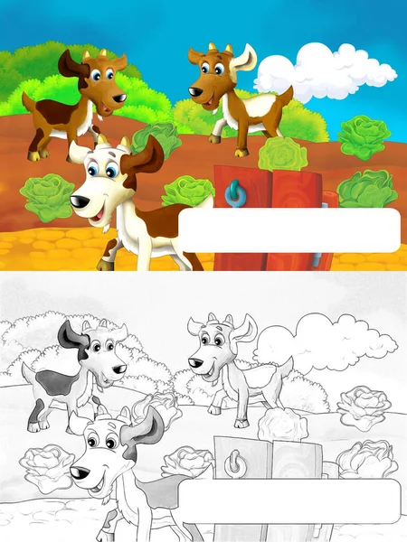 Escena Granja Dibujos Animados Con Cabra Animal Divirtiéndose Con Espacio — Foto de Stock