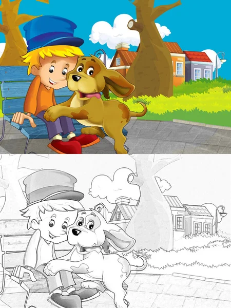 cartoon scene with dog on a farm having fun - illustration for children
