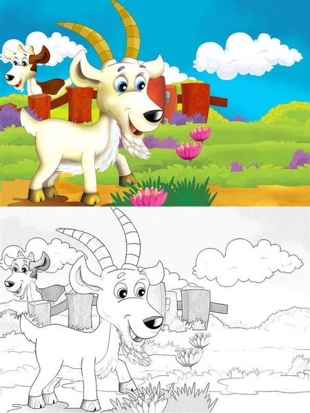 Cartoon Farm Scena Kozłem Zwierząt Zabawy Ilustracja Dla Dzieci — Zdjęcie stockowe