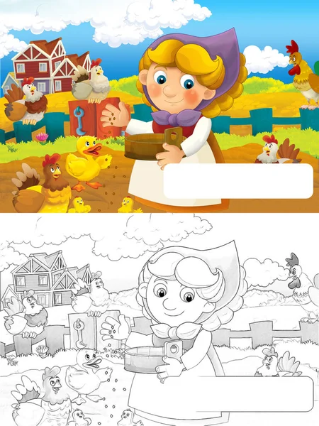 Cena Dos Desenhos Animados Com Mulher Feliz Trabalhando Fazenda Com — Fotografia de Stock