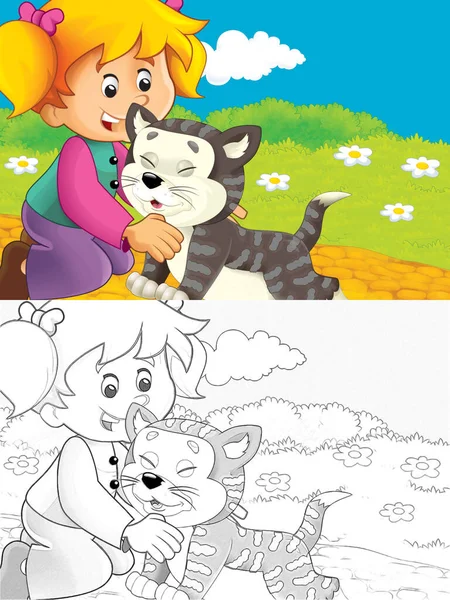 与猫在农场玩乐的卡通片 儿童图片说明 — 图库照片
