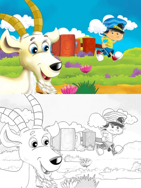 Cartoon Farm Scéna Zvířecí Kozou Baví Ilustrace Pro Děti — Stock fotografie