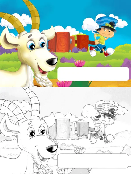 Cartoon Farm Scena Kozą Zwierząt Zabawy Miejsca Tekst Ilustracja Dla — Zdjęcie stockowe