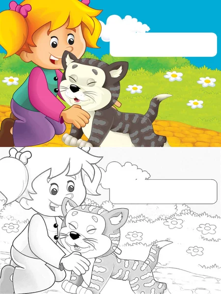 Cena Dos Desenhos Animados Com Gato Divertindo Fazenda Com Quadro — Fotografia de Stock