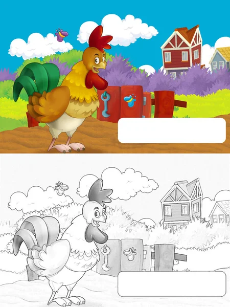 Cartoon farm happy scene with standing rooster and hen farm birds with frame for text - illustration for children