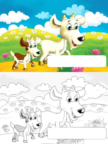 Cena Fazenda Desenhos Animados Com Cabra Animal Divertindo Com Espaço — Fotografia de Stock