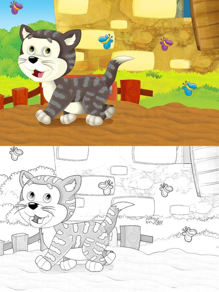 Kreslená Scéna Kočkou Bavící Statku Ilustrace Pro Děti — Stock fotografie