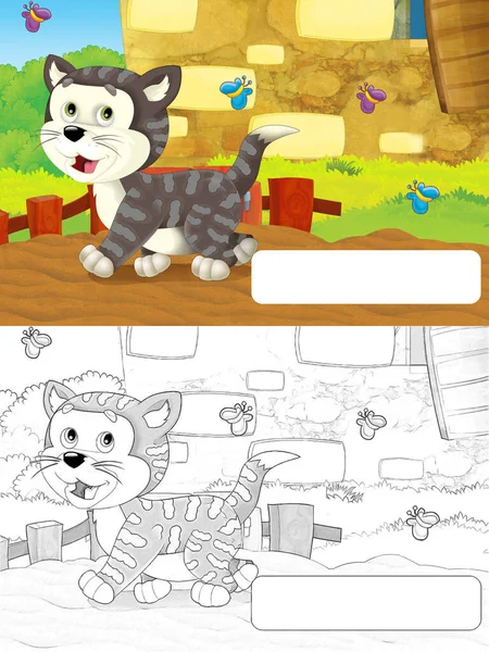 Kreskówkowa Scena Kotem Bawiącym Się Farmie Ramką Tekst Ilustracja Dla — Zdjęcie stockowe