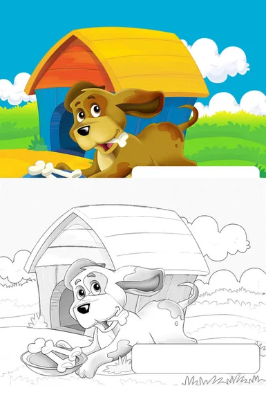 卡通片场景 狗在农场里玩 用框架给孩子们画图 — 图库照片