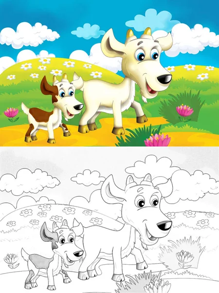 Dibujos Animados Granja Escena Con Cabra Animal Divertirse Ilustración Para — Foto de Stock