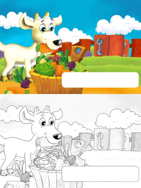 Cartoon Farm Scene Animal Goat Having Fun Space Text Illustration — Stock Photo, Image