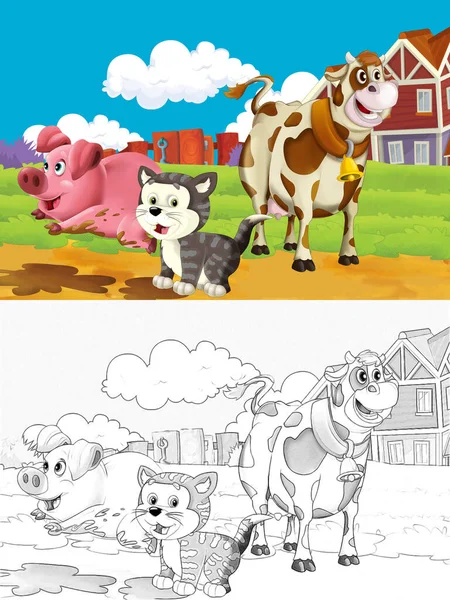 与猫在农场玩乐的卡通片 儿童图片说明 — 图库照片