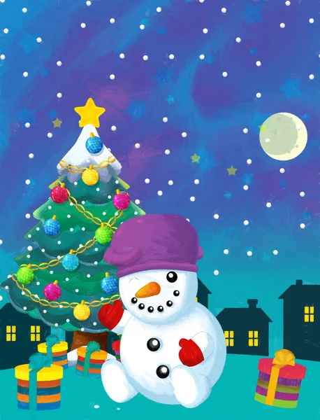 Scena Felice Natale Con Pupazzo Neve Albero Natale Illustrazione Bambini — Foto Stock