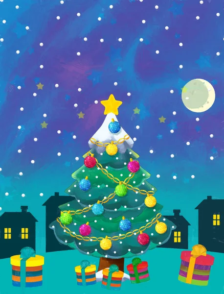 Καρτούν Ευτυχισμένη Σκηνή Χριστουγεννιάτικο Δέντρο Εικονογράφηση Για Παιδιά — Φωτογραφία Αρχείου