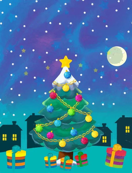 Cartoon Happy Scene Christmas Tree Illustration Children — Stock Photo, Image