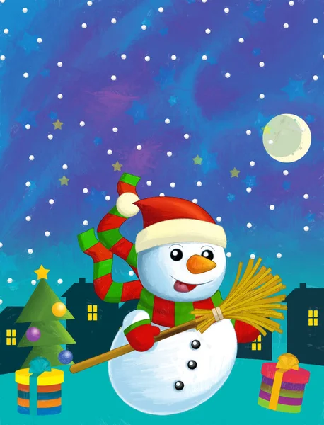 クリスマス幸せなシーン別の動物とサンタ クロースと雪だるま 子供のための図 — ストック写真