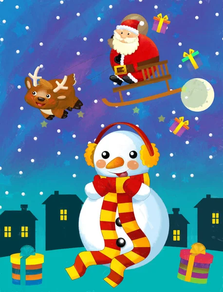 Рождественская Сцена Снеговик Санта Клаус Летят Иллюстрация Детей — стоковое фото