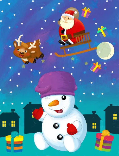 Χριστούγεννα Ευτυχισμένη Σκηνή Χιονάνθρωπος Και Άγιος Βασίλης Πετάει Εικονογράφηση Για — Φωτογραφία Αρχείου