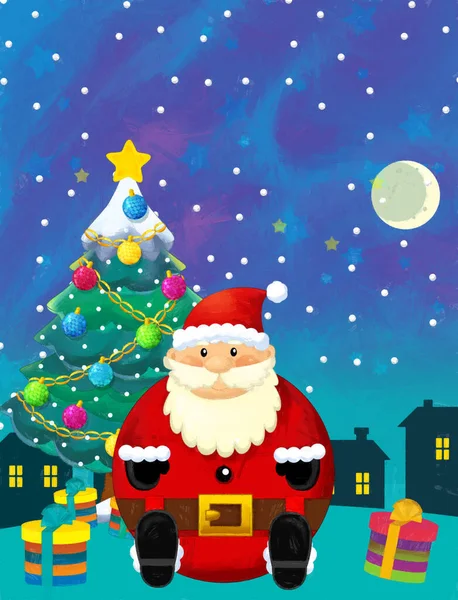 Boże Narodzenie Szczęśliwa Scena Mikołajem Choinką Ilustracja Dla Dzieci — Zdjęcie stockowe