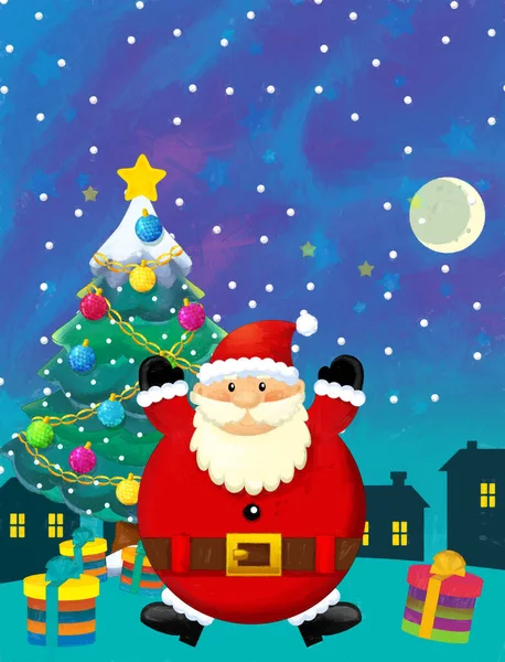 Weihnachtsglückliche Szene Mit Weihnachtsmann Und Christbaum Illustration Für Die Kinder — Stockfoto